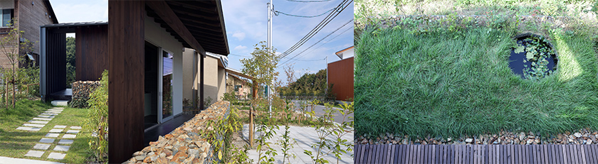 アプローチを見る。/アプローチから土間テラスを見る。/2階から芝生の庭を見下ろす。池はビオトープとなる予定。