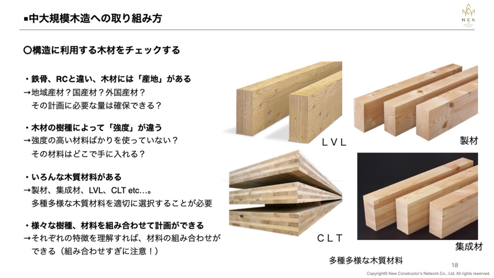 構造材といってもコスト、材種、樹種、強度、制作可能サイズ等様々あるため、それぞれの特徴を知ることで適材適所な活用が可能